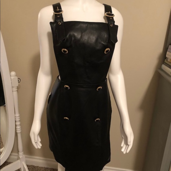 Esotica Pelle Dresses & Skirts - Black Leather Apron Dress Vintage Esotica Pelle Fancy Buttons SZ 8 10 12 14